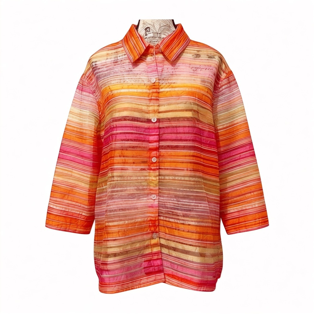 Valerie Stevens Sheer Striped Button Down Blouse - Multicolor Pink/Orange - L